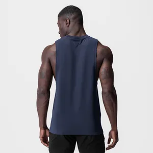 Rear view of a navy blue sleeveless sports tank top for men, showing wide armhole design.