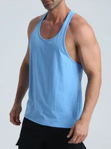 Breathable light blue men's athletic tank top for gym fitness and outdoor sports training