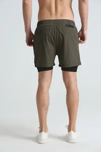 Back view detail of men's olive green double-layer quick-dry athletic running shorts