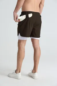 Detailed back view of men's quick-dry double-layer sports shorts with a towel loop