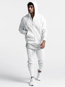 Herren minimalistisches weißes Kapuzen-Sweatshirt und Jogginghose Sport-Freizeit-Set