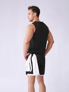 Back view of men's black sleeveless tank top and double-layer sports shorts set