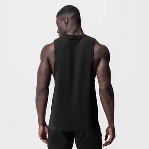 Back view of men's black sleeveless fitness tank top in breathable cotton blend fabric
