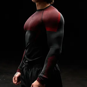 Detailed side view of men's quick-dry compression gym shirt with red honeycomb print