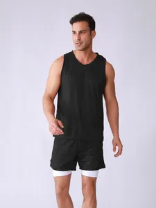 Professional studio shot of a men's black sleeveless sports tank top and shorts set.