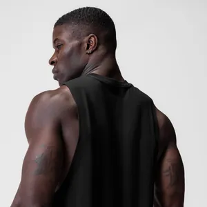 Rear view detail of black men's cotton-blend fitness tank top with wide armholes