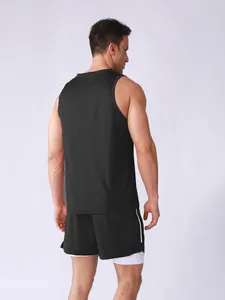 Rear view of a men's breathable black mesh sports tank top and double-layer shorts set