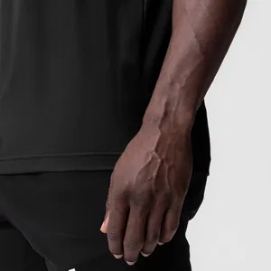 Close-up detail of the breathable cotton-blend fabric on a men's fitness tank top.