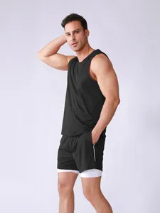 Full view of men's black sleeveless sports tank top and double-layer shorts set.