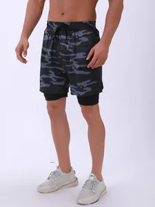 Pantalones cortos deportivos de camuflaje 2 en 1 para hombre con doble capa para fitness.