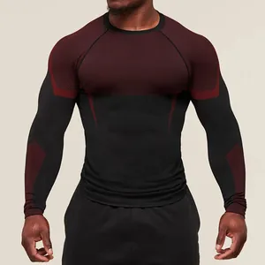 Detail of men's quick-dry compression long-sleeve T-shirt in maroon and black