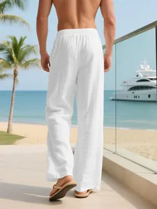 Detail view of men's white breathable linen vacation trousers with straight leg fit