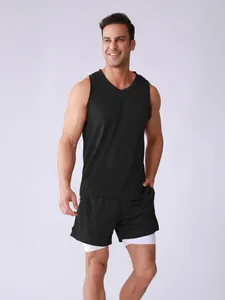 Men's athletic two-piece set featuring black mesh tank top and double-layer shorts.