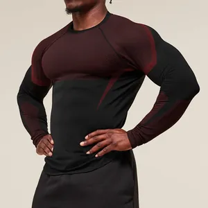 Men's athletic long sleeve compression shirt in black and maroon for gym and fitness