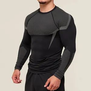 Close-up of men's quick-dry compression long-sleeve gym shirt with textured panels