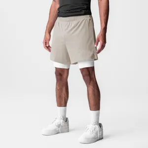 Pantalones cortos de malla caqui para hombre con doble capa y forro blanco de secado