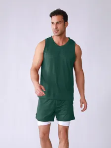 Full body view of dark green mens breathable sports tank top and double-layer shorts