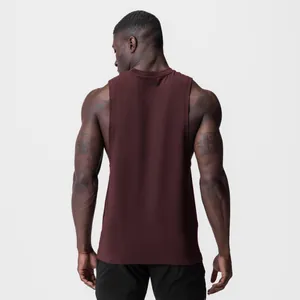 Back view detail of men's maroon performance fitness tank top with wide armholes for gym