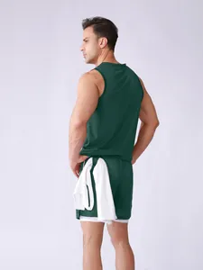 Back view of men's dark green breathable mesh sports tank top and double-layer shorts set