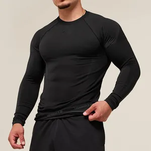 Close-up of men's black compression long sleeve sports T-shirt for fitness training