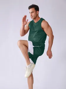 Detail of men's dark green breathable mesh sports tank top and double-layer shorts set