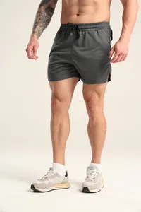 Dunkelgraue schnelltrocknende Herren-Mesh-Sportshorts mit Reißverschlusstaschen für Fitness
