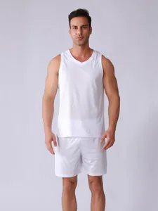 Ensemble de sport en maille blanche respirante pour homme, débardeur et short de fitness