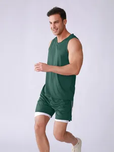 Full-body detail of a men's dark green breathable mesh sports tank top and shorts set