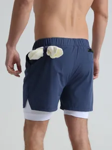 Men's 2-in-1 navy athletic running shorts with towel loop and quick-dry lining.