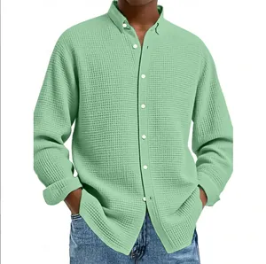 Men's Casual Waffle Knit Long Sleeve Shirt Solid Color Lapel Button Down Cardigan Top For Autumn Winter Fashion