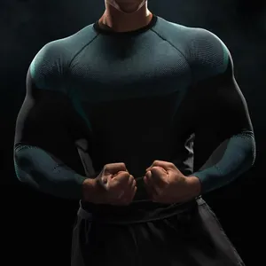 Detailed view of men's quick-dry compression long-sleeve gym shirt with mesh print