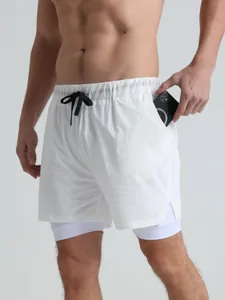 Men's white double-layer quick-dry athletic shorts with phone pocket for running