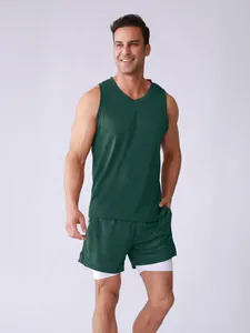 Full view of dark green men's athletic tank top and double-layer mesh shorts set.