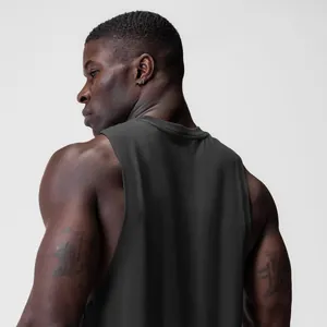 Professional back view of a men's dark grey athletic tank top showing wide armhole detail