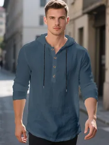 Casual ανδρικό μακρυμάνικο πουκάμισο Henley με κουκούλα σε γαλαζοπράσινο ανάγλυφο χρώμα