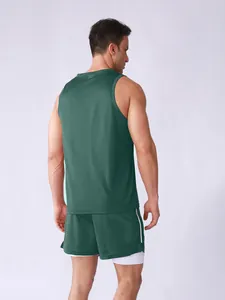 Back view of men's dark green breathable mesh athletic tank top and shorts set
