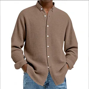 Men's casual brown waffle knit shirt with long sleeves and button-down front detail