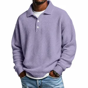 Men's American Retro Waffle Knit Long Sleeve Polo Shirt Loose Fit Polyester Casual Top Autumn Winter Fashion Solid Color Top