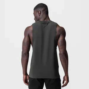 Detailed back view of men's dark grey fitness tank top featuring wide armholes and slim fit