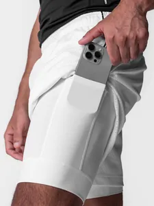 Pantalones cortos deportivos 2 en 1 blancos con bolsillo para móvil para gimnasio y basket