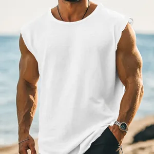 Detailed view of men's white cotton muscle tank top with rustic raw edge sleeves for fitness