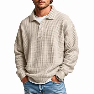 Herren American Retro Beige Waffelstrick Langarm-Poloshirt mit lockerer Passform Design