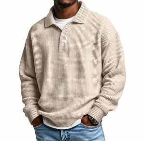 Men's American retro beige waffle knit long-sleeve polo shirt with relaxed fit design