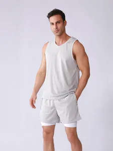 Men's summer athletic set featuring breathable light grey mesh tank top and shorts.