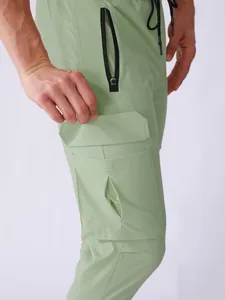 Detail of men's quick-dry cargo pants showing side flap pocket and zipper pocket
