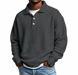Men's retro loose waffle knit long-sleeve polo shirt in grey for casual autumn wear