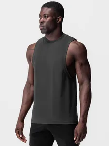 Men's Athletic Fitness Vest Ice Feel Cotton Blend Wide Armhole Crew Neck Tank Top Solid Color Gym Workout Training Vest