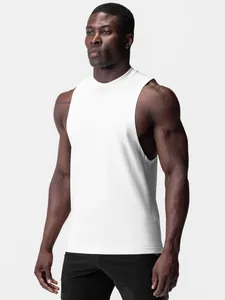 Men's athletic white muscle tank top with wide armholes for bodybuilding and fitness.