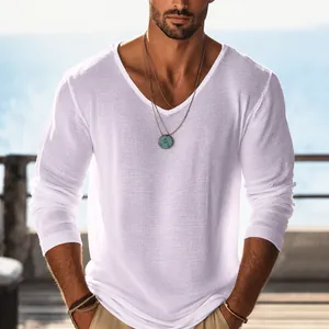 Man wearing a stylish breathable V-neck long sleeve T-shirt in light lavender white