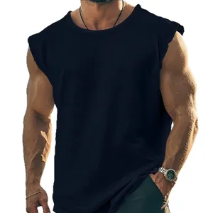Men's loose cotton gym tank top with raw edges for muscle workout and casual sports wear